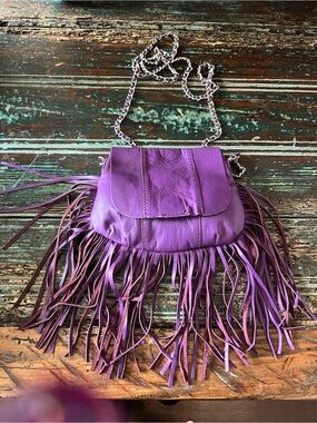 Purple Fringe Leather Crossbody Bag with Chain Strap
